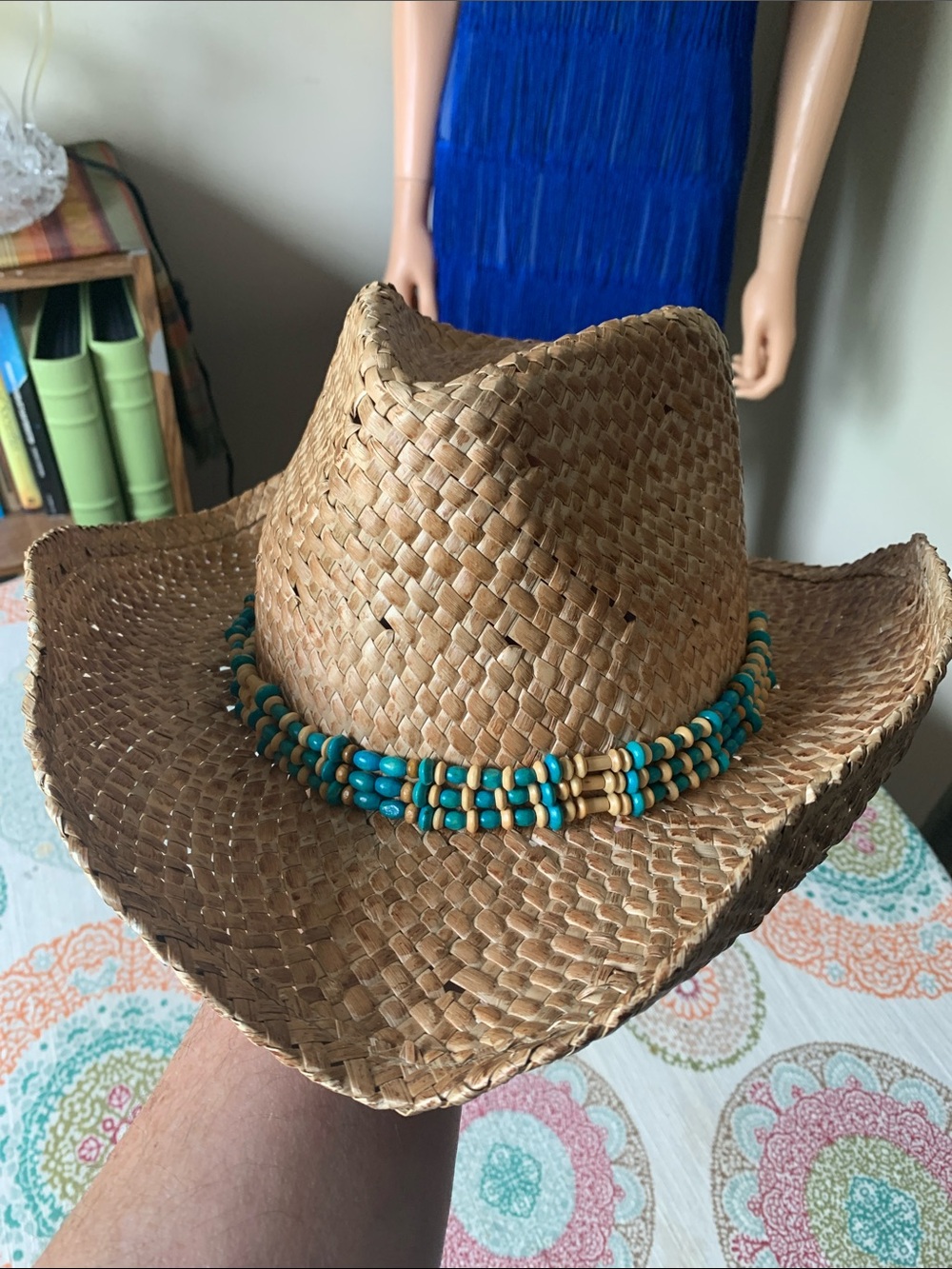 Sun n’ Sand Straw Cowboy Hat with Turquoise Wooden Bead Band - Women Accessories